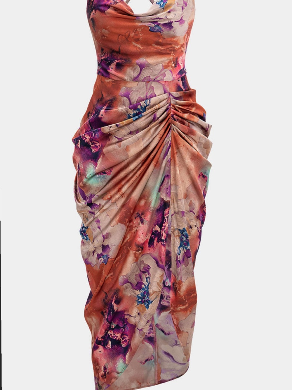Floral Ruched Swim Sarong Cover-Up in Coral Multi